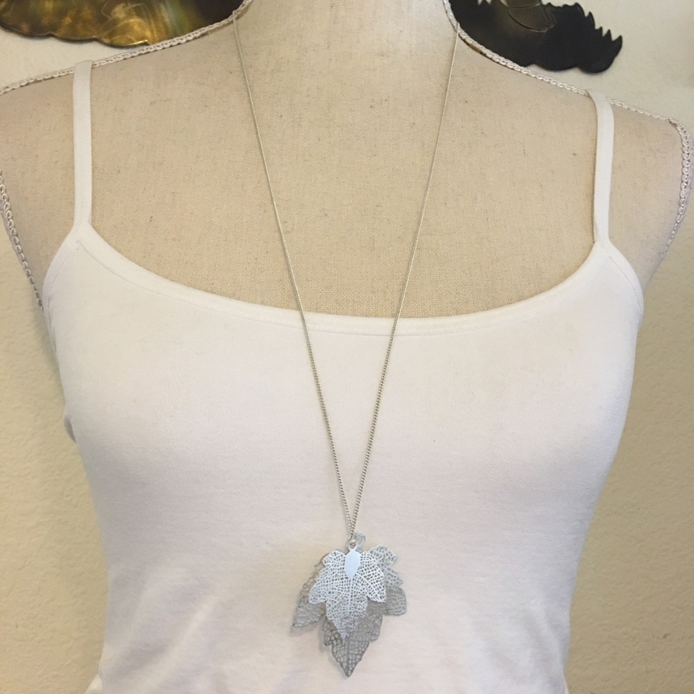 Silver tone double maple leaf necklace